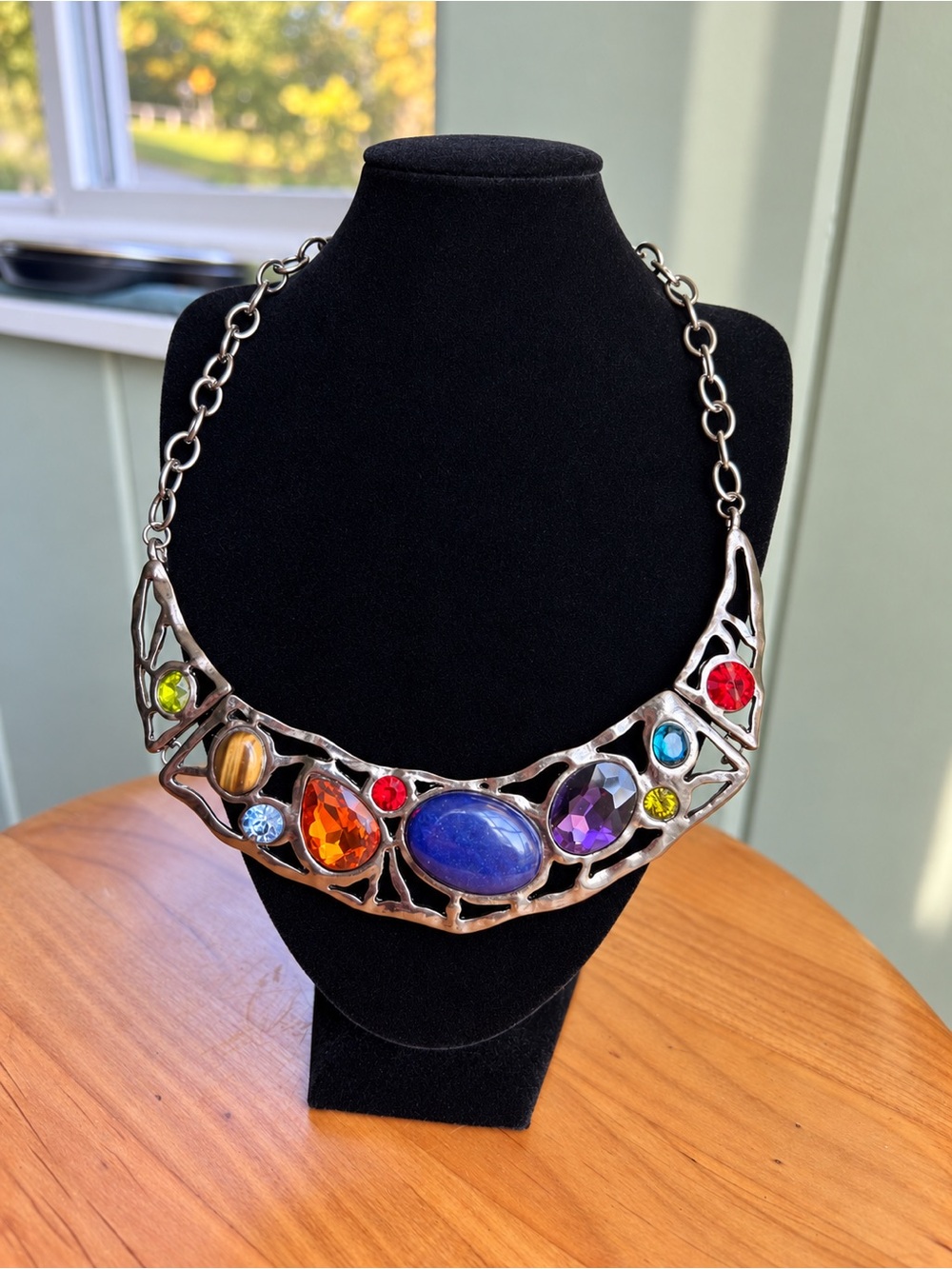 Multicolor Jewel Bib Statement Necklace Silver Tone Openwork Adjustable